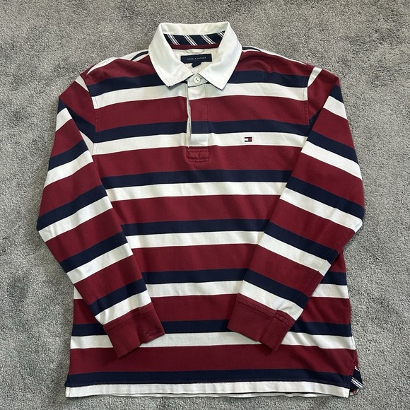 Tommy Hilfiger Rugby Long Sleeve Shirt Mens L Large Striped Red Blue White - Picture 4 of 14